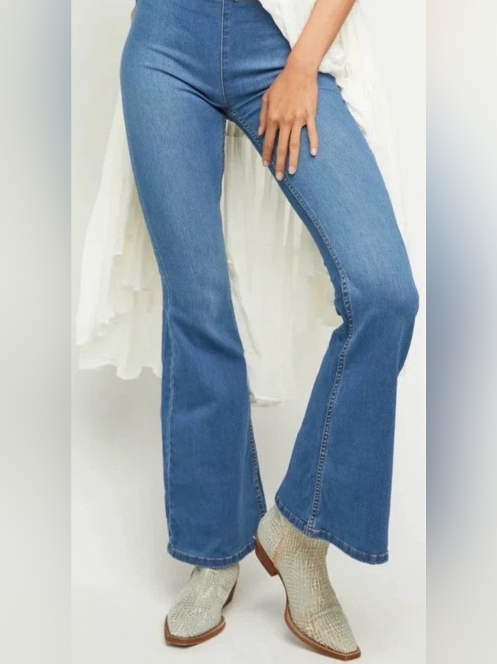 Free People Penny Pull On Hippie Boho Denim High Rise‎ Flare Jeans Size 31